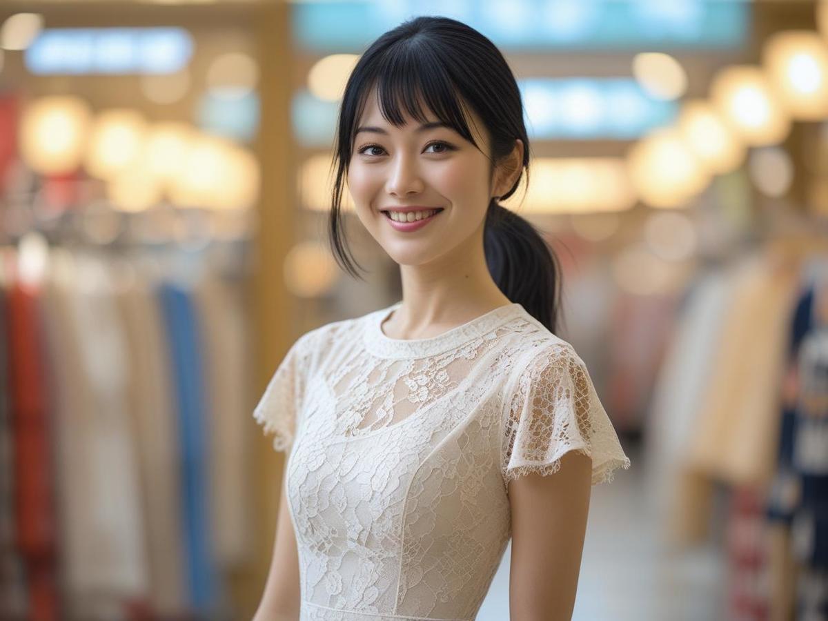 オケージョンドレスを着て笑顔でこちらを見ている女性